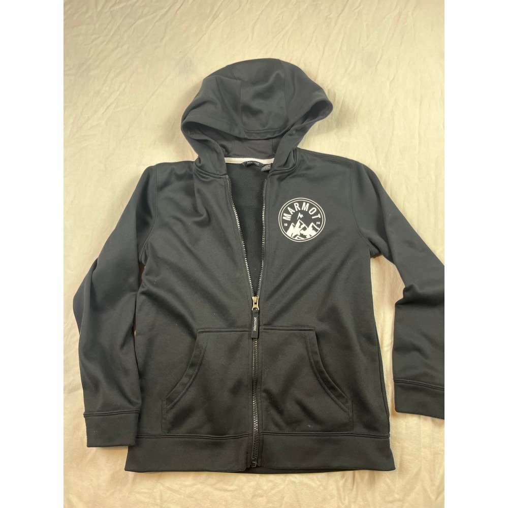 Marmot Kids Black Full Zip Hoodie Mountain Graphic Logo‎ Sweatshirt Large L/G